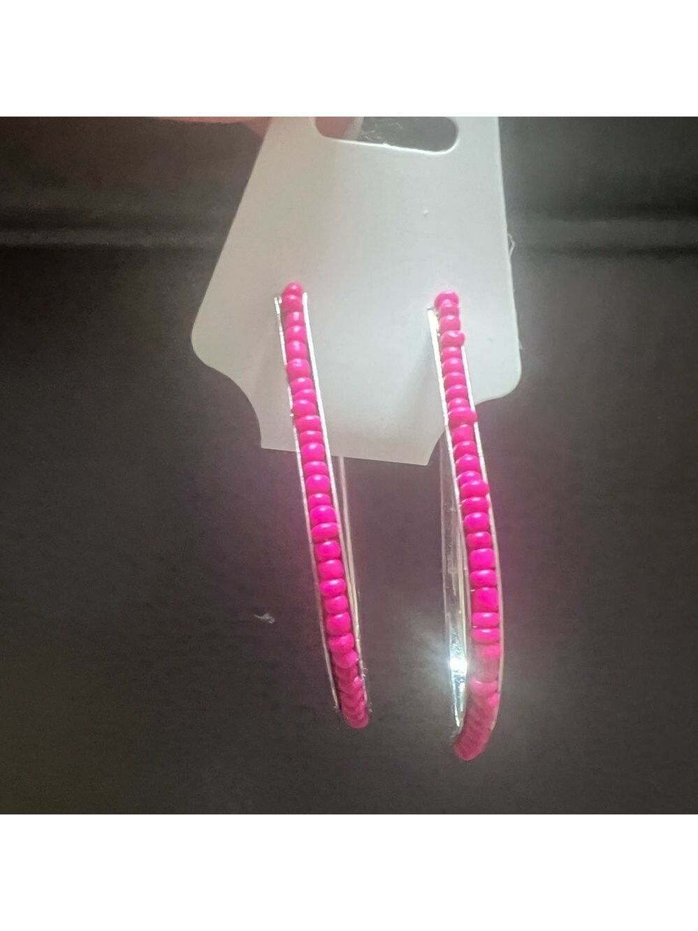 FASHION JEWELRY pink beaded j shaped hoops with post back